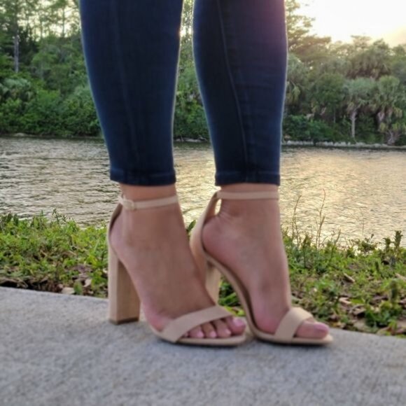 Beige Suede Ankle Strap Block Heel Dress Sandals - Picture 5 of 5
